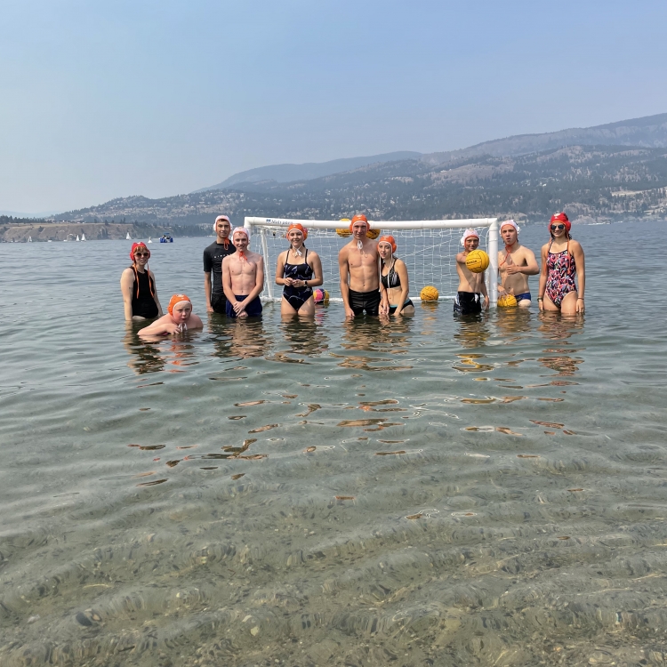 Summer water polo 13-16 group in July 2021. This was our first full week of water polo swimming lessons on Okanagan Lake in Kelowna with our swim club.