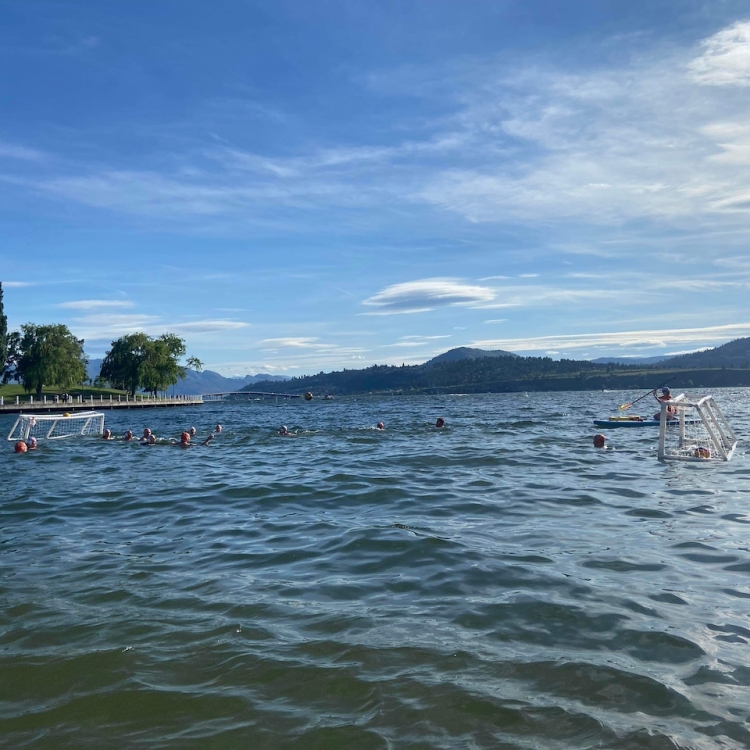 Summer Water Polo Swim Lessons for Youth and Adults at Tugboat Beach in Waterfront Park, Kelowna. During July and August each summer the water polo swim club runs practices and camps in the lake. Normally by this date the water temperature is around 22c a
