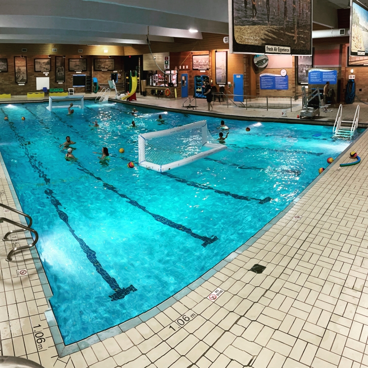 Adult water polo with our Kap7 inflatable nets at the Parkinson Recreation Centre in Kelowna. Our adult swim lessons are a great way to learn water polo and to improve your swimming speed, stamina and skill.