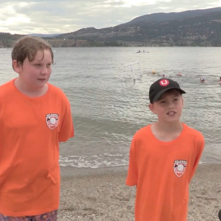 Kelowna Water Polo Swim Club team members doing in interview for Castanet at Tugboat Beach.